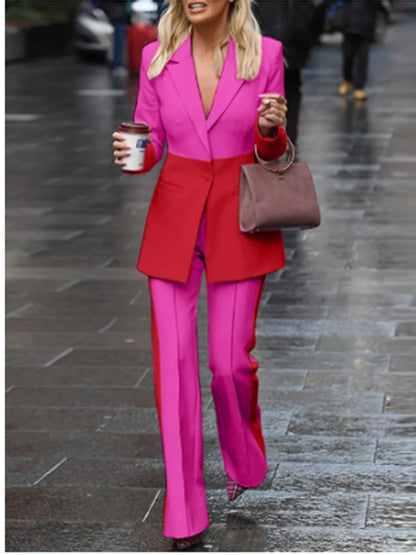 Women’s Color Block Single-Button Blazer & Flare Pants Suit Set – High Street Designer 2PC Outfit