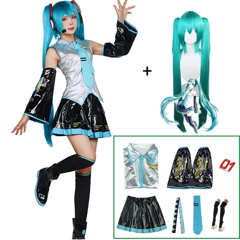 Hatsune Miku Cosplay Costume Set, Silver Leather JK Sailor Dress Uniform Outfit