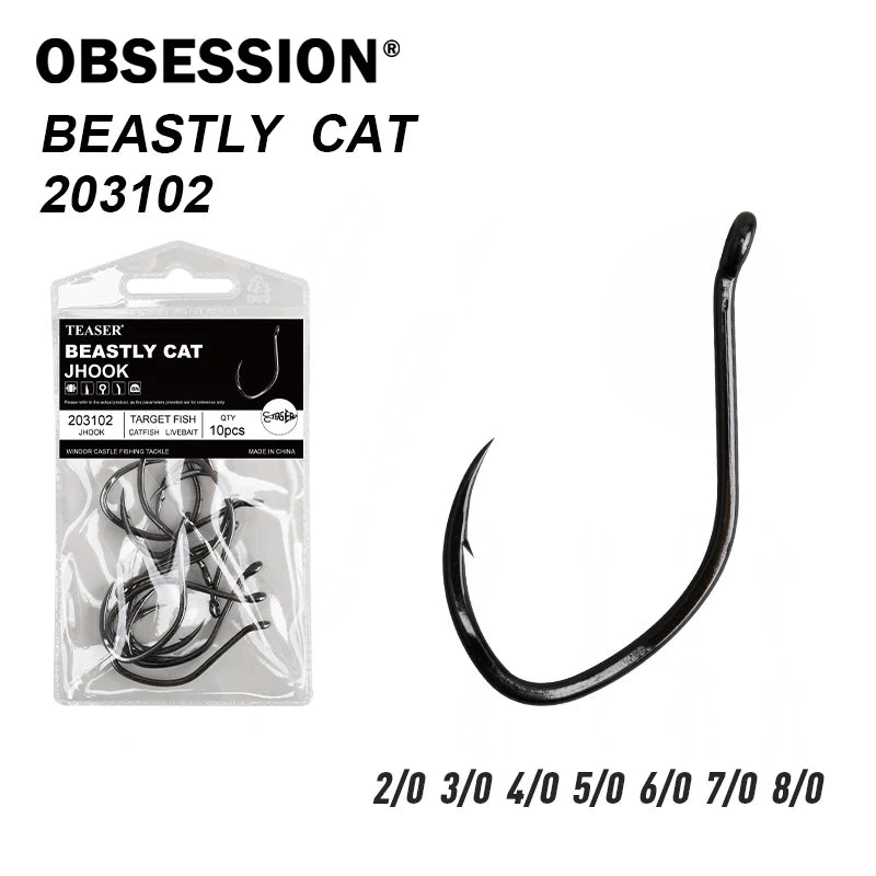 OBSESSION 10pcs High Carbon Steel Barbed Catfish Hooks 2/0-8/0