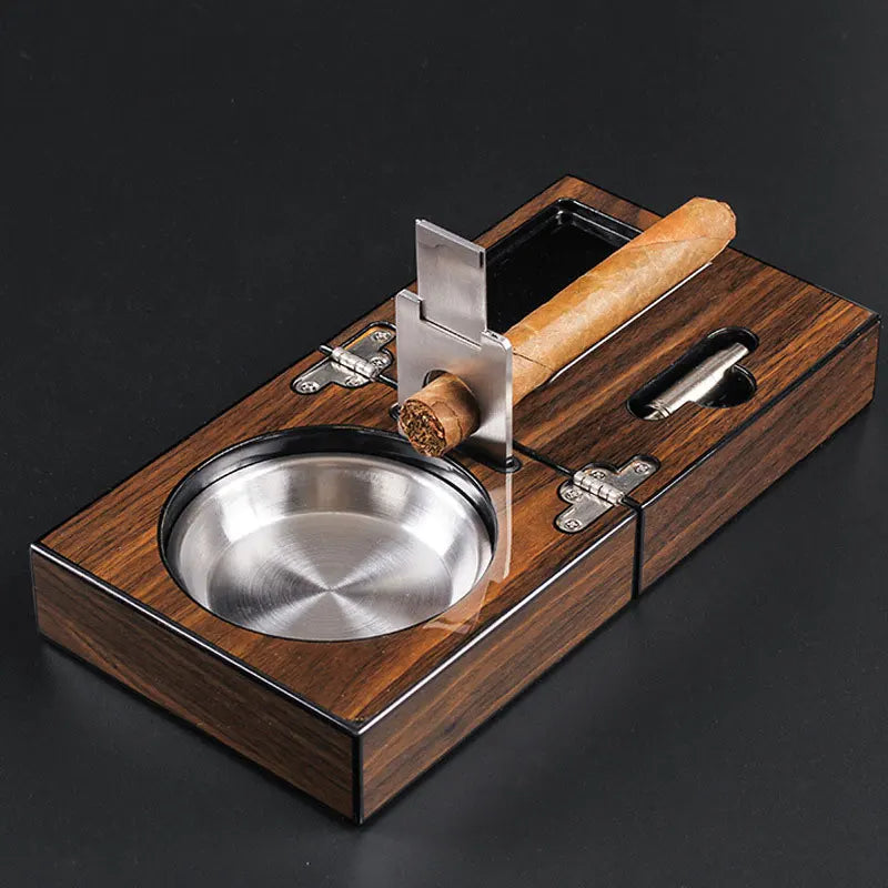 Solid Walnut Wood Foldable Ash Tray with Cigar Cutter Holder