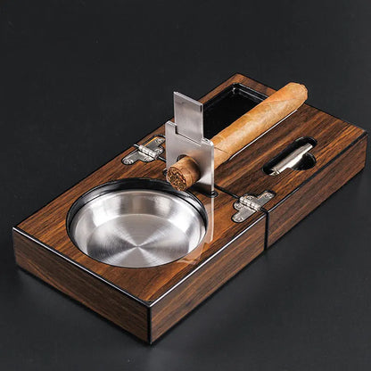 Solid Walnut Wood Foldable Ash Tray with Cigar Cutter Holder