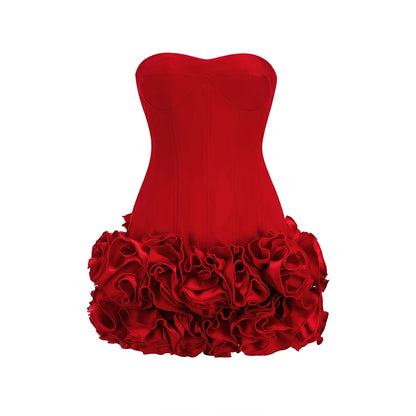 Strapless Backless Red Structured Floral Embellished Mini Length Cocktail Dress