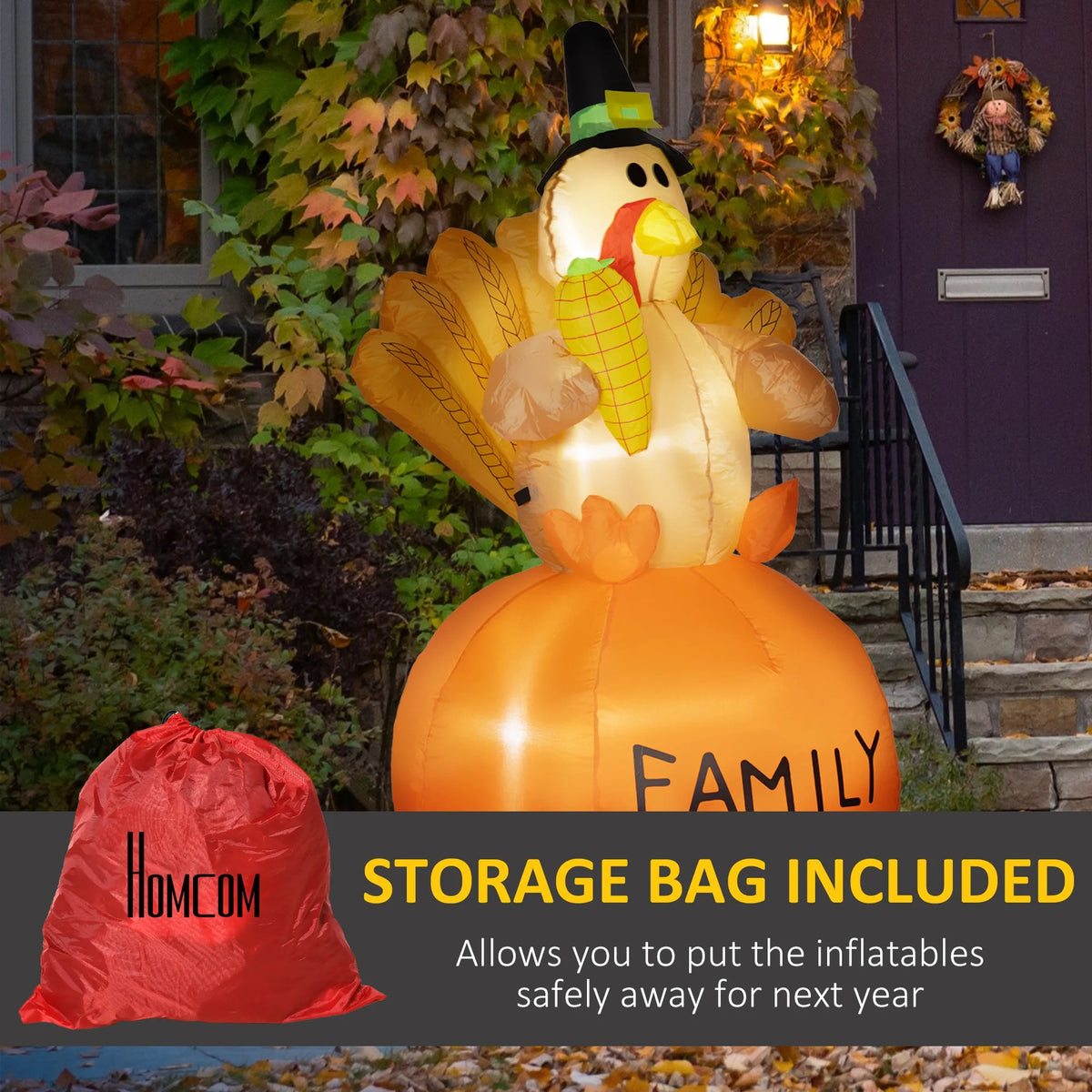 HOMCOM 4.9ft Inflatable Thanksgiving Decoration Turkey - Blow Up Outdoor LED Yard Display