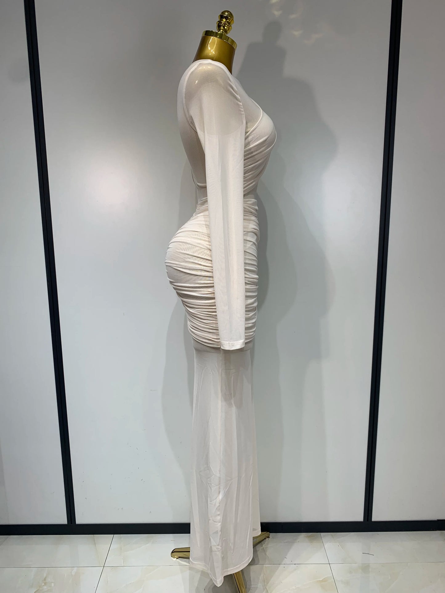 Women's Ruched Mesh Long Sleeve Bodycon Evening Dress
