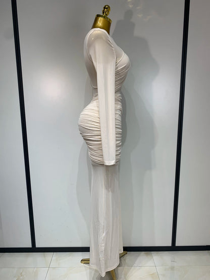 Women's Ruched Mesh Long Sleeve Bodycon Evening Dress