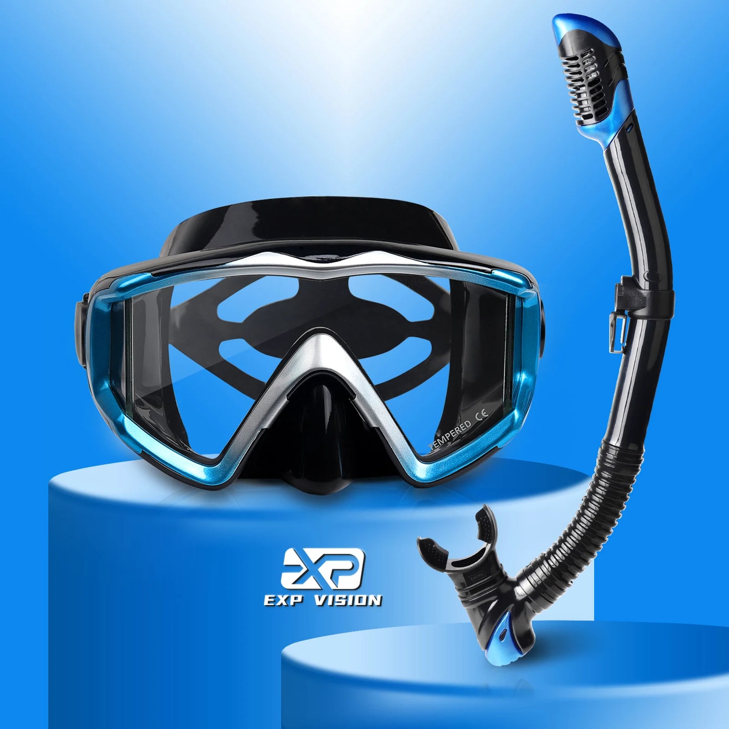 Adult Panoramic 3-Window Tempered Glass Diving & Snorkel Mask Set