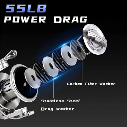 Spinning Aluminum Frame Carbon Fiber 55LB Power Drag Heavy Long Casting Reel