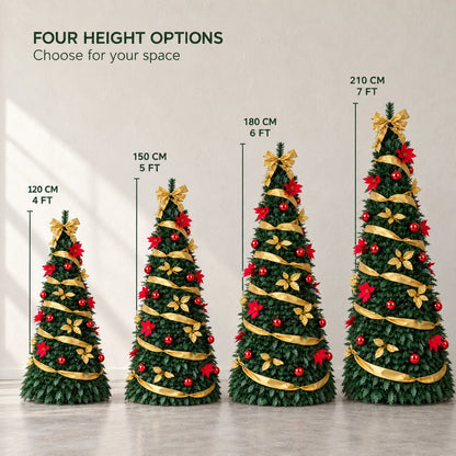 Pop-Up Pre-Decorated Foldable Christmas Tree – Space-Saving Artificial Holiday Xmas Tree with Ornaments & Lights