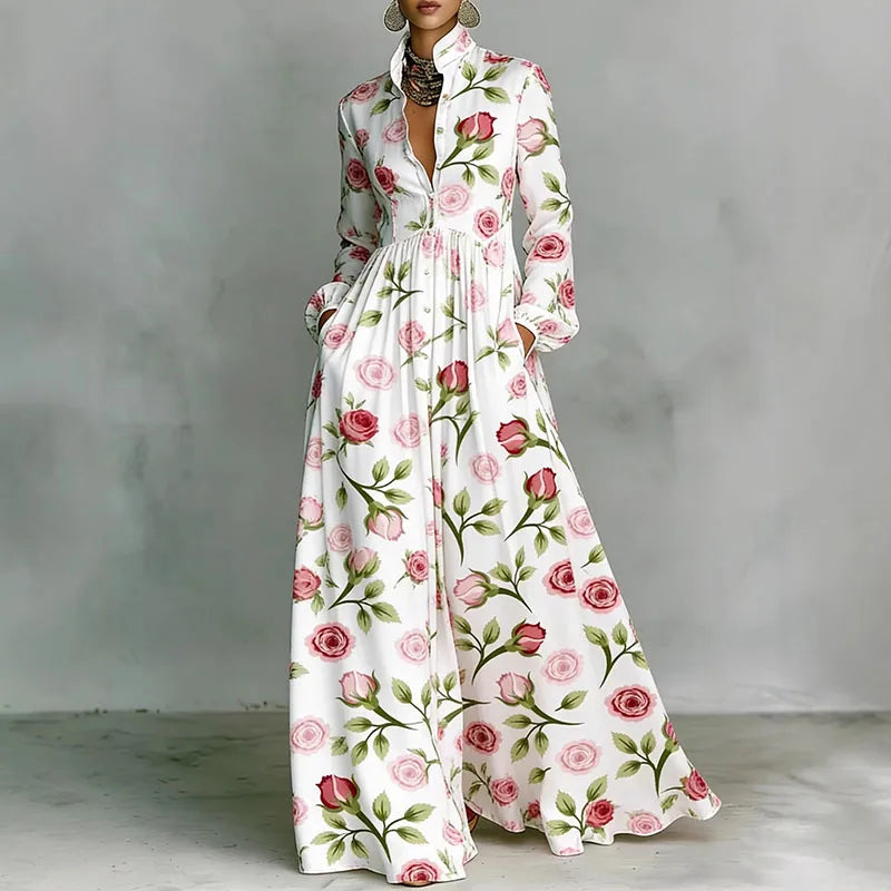 Women's Retro Print High-Waist Boho Shirt Dress