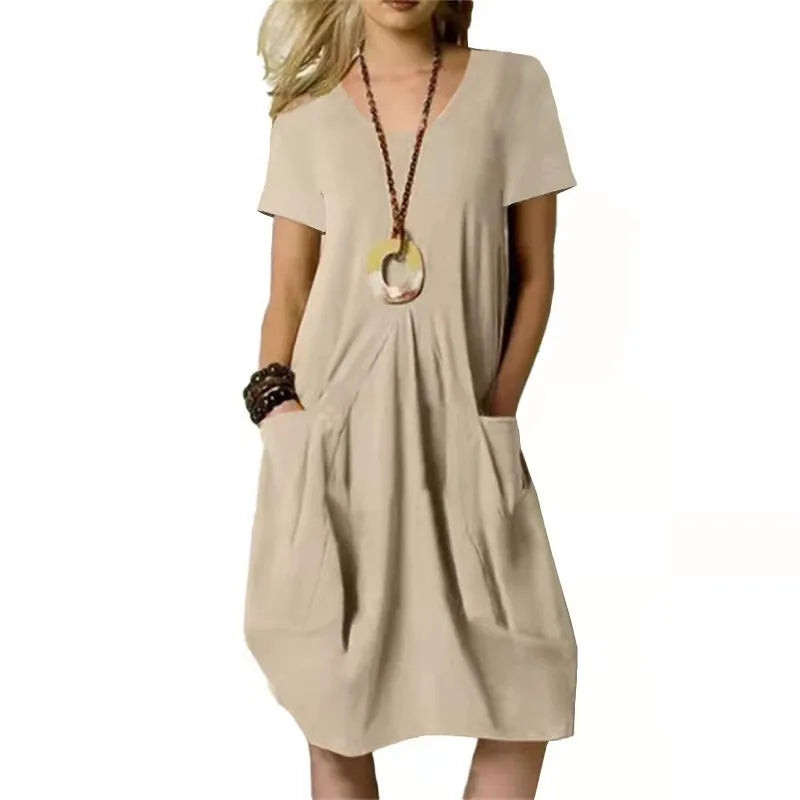 Women’s Cotton Linen Short-Sleeve Midi Dress – Casual Summer Dress with Pockets