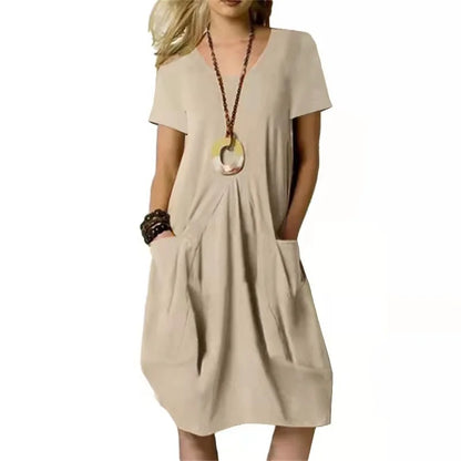 Women’s Cotton Linen Short-Sleeve Midi Dress – Casual Summer Dress with Pockets