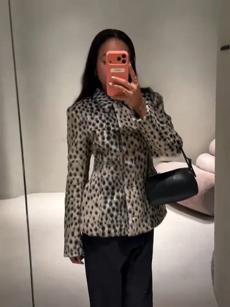 Women’s Leopard Print Short Furry Jacket with Lapel Collar