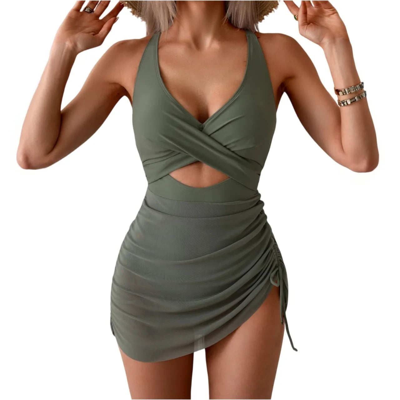 Color Blocking Cross Strap One-Piece Swimsuit