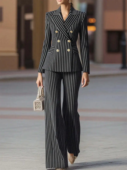 Women's Elegant Striped Double-Breasted Blazer & Wide-Leg Pants 2-Piece Suit Set
