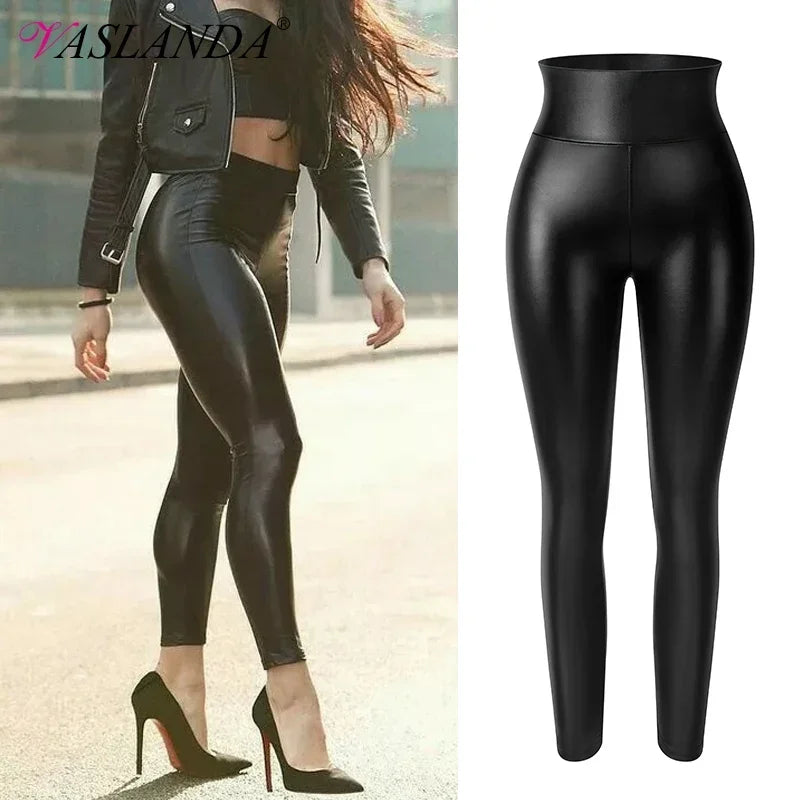 Women's High-Waist Fleece-Lined PU Faux Leather Leggings