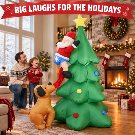 6FT Christmas Inflatable Dog Chasing Santa Climbing Tree