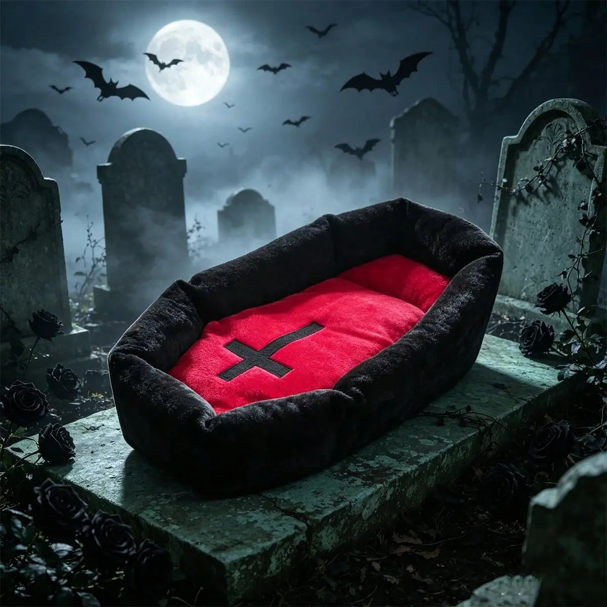 Gothic Coffin Pet Bed Mat with Red Cross Accent
