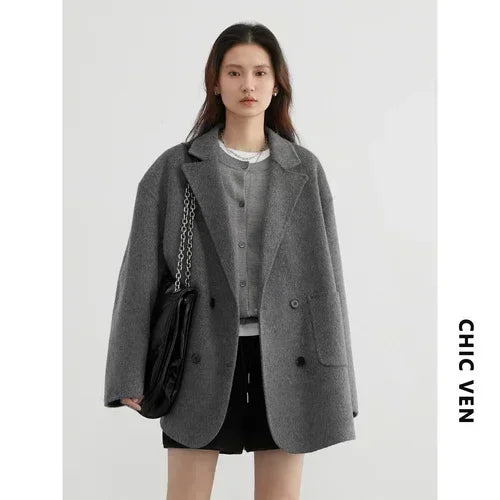CHIC VEN Loose Double Breasted Retro Double-sided Jacket