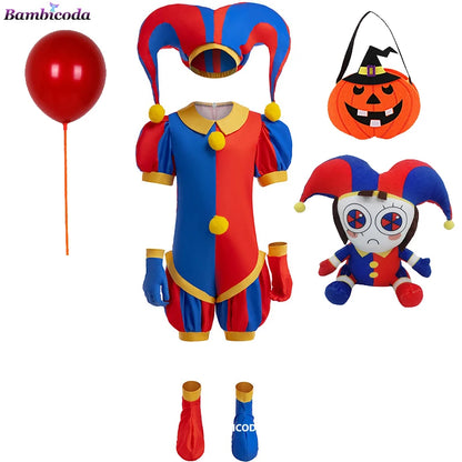 Girls' Digital Circus Pomni Cosplay Costume Set - Red & Blue Clown Dress Outfit for Kids