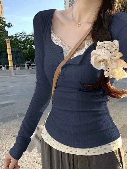 Women's Pink Floral Lace Fake Two-Piece Long Sleeve Top