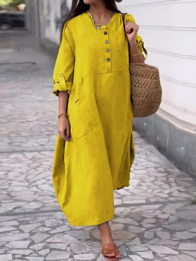 Women's Loose Cotton Linen Long Sleeve Maxi Dress with Pockets