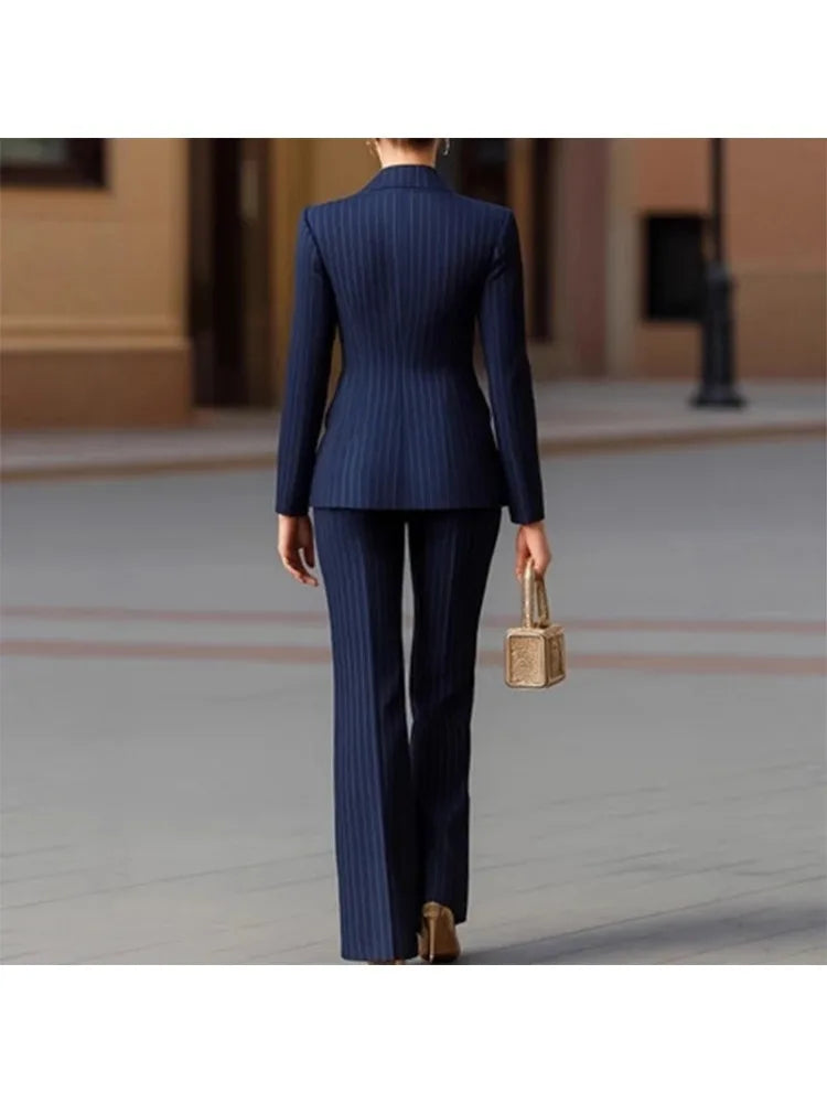 Women's Elegant Striped Double-Breasted Blazer & Wide-Leg Pants 2-Piece Suit Set