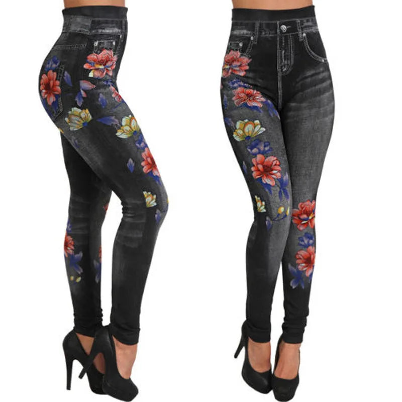 Women's High-Waisted Printed Faux Denim Jeggings – Tummy Control & All-Day Stretch