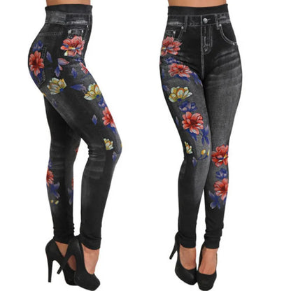 Women's High-Waisted Printed Faux Denim Jeggings – Tummy Control & All-Day Stretch