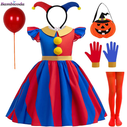 Girls' Digital Circus Pomni Cosplay Costume Set - Red & Blue Clown Dress Outfit for Kids