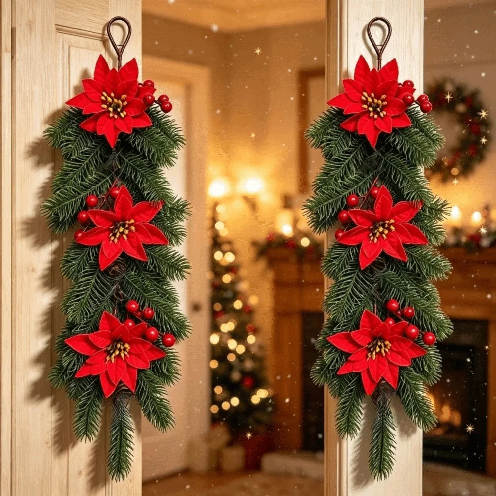 Wall-Mounted Christmas Hanging Vine with Red Berries & Poinsettia