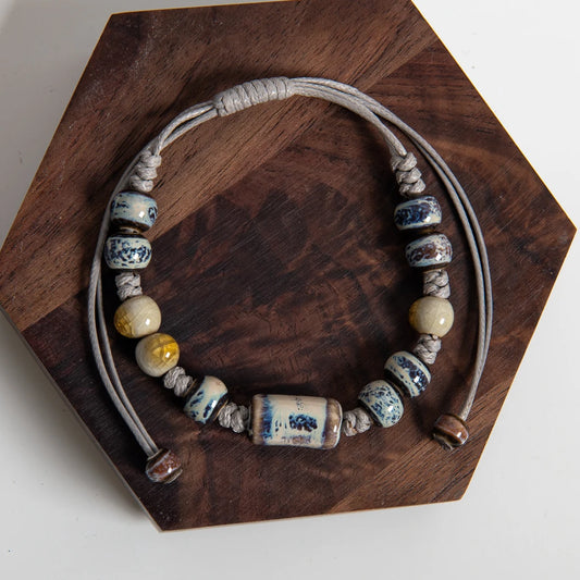 Handmade Blue Pattern Ceramic Bracelet with Tube Bead