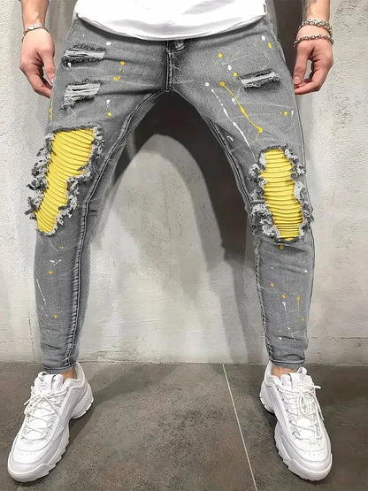 Creative Street Style High Stretch Paint Splatter Ripped Slim Jeans
