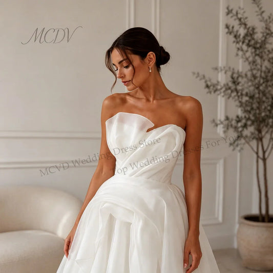 Elegant Strapless Organza A-Line Midi Wedding Dress – Civil Bridal Gown