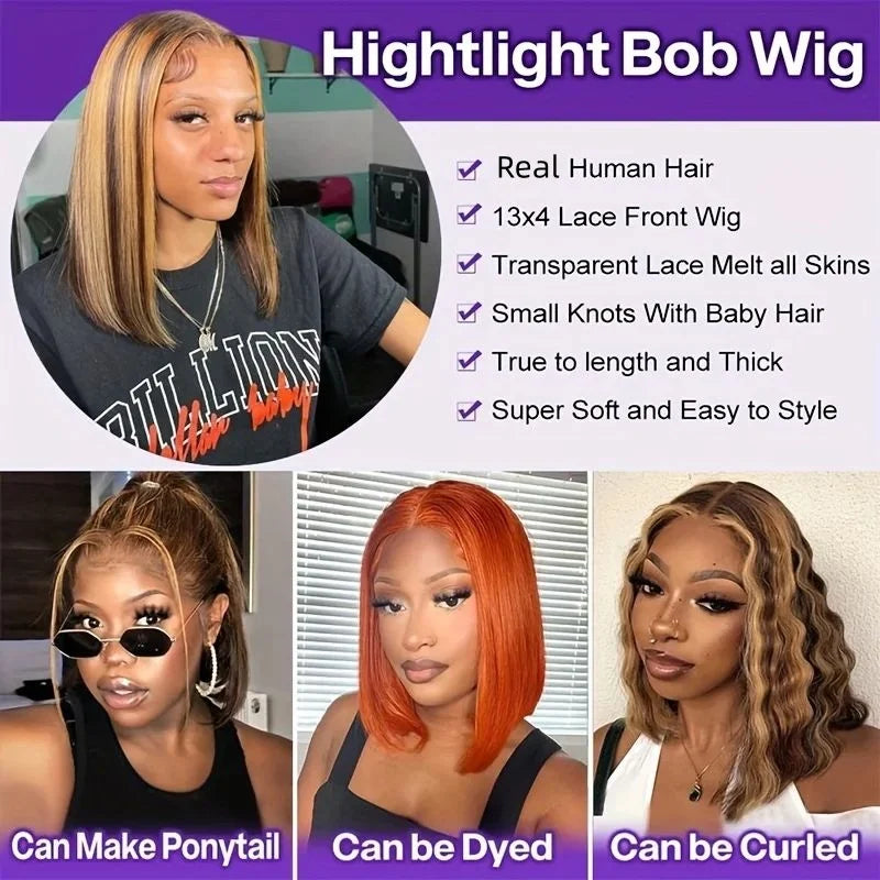 Blonde Highlight Straight Short Bob Wig