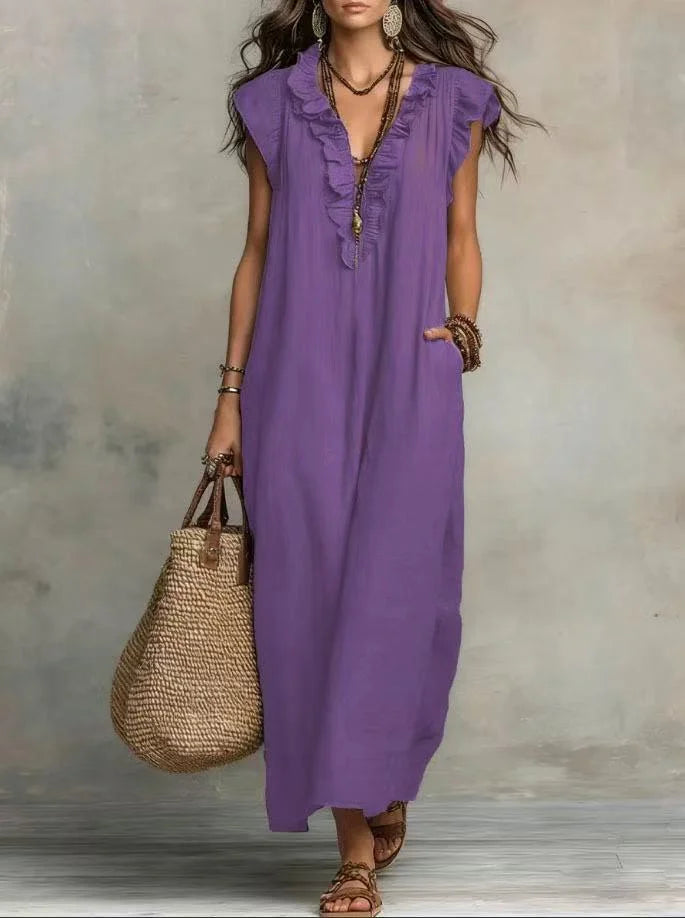 Women's Boho V-Neck Sleeveless Ruffle Solid Color Maxi Dress