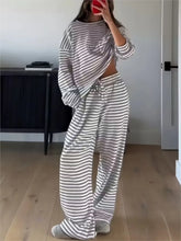Striped Printed Oversized Long-sleeved Top High-waist Trouser Set