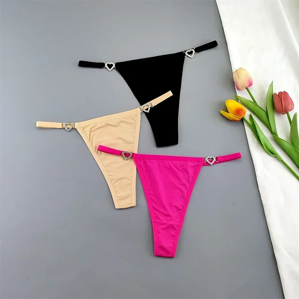 3Pcs Women's Seamless Ice Silk Thong Set - Low Waist Thin Strap G-String Panties with Rhinestone Buckle
