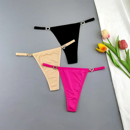 3Pcs Women's Seamless Ice Silk Thong Set - Low Waist Thin Strap G-String Panties with Rhinestone Buckle