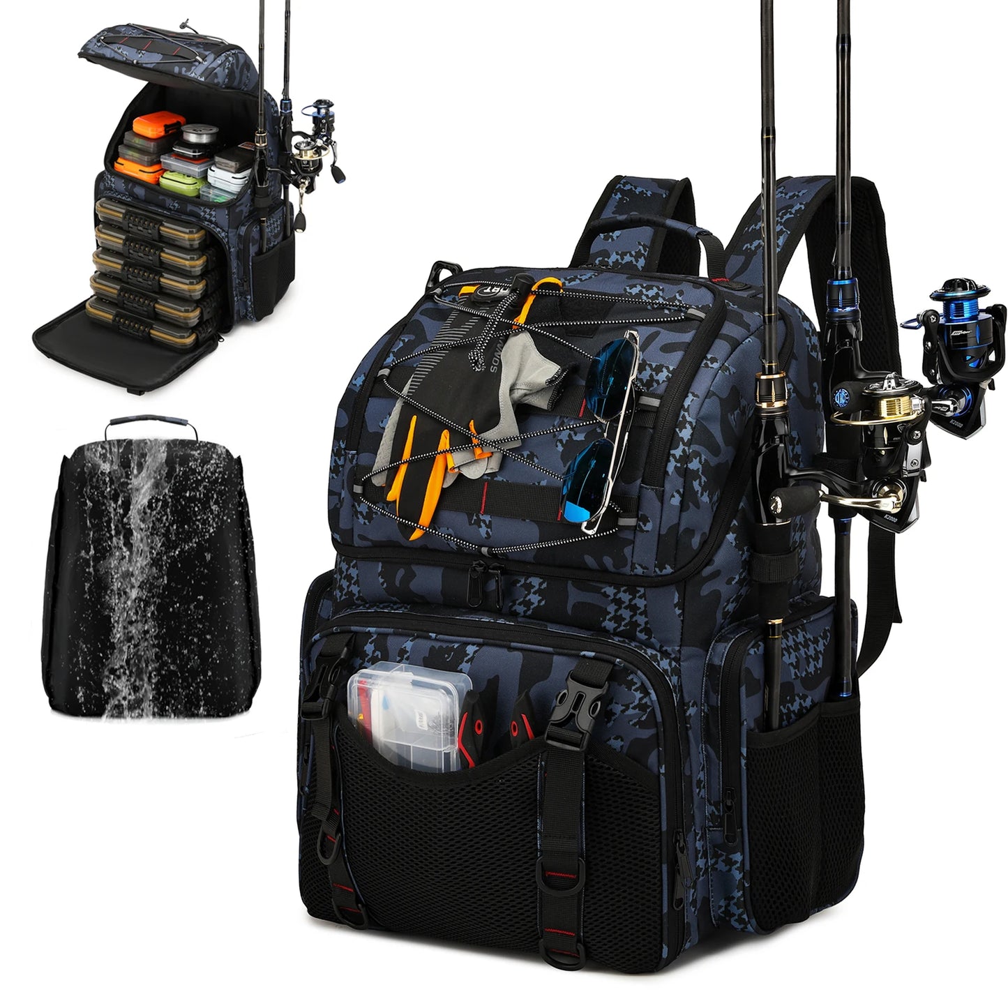 45L Fishing Tackle Storage Bag with Rod Holders & Rain Cover