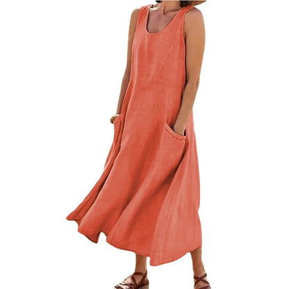 Cotton Linen Sleeveless Double Big Pocket Loose Dress