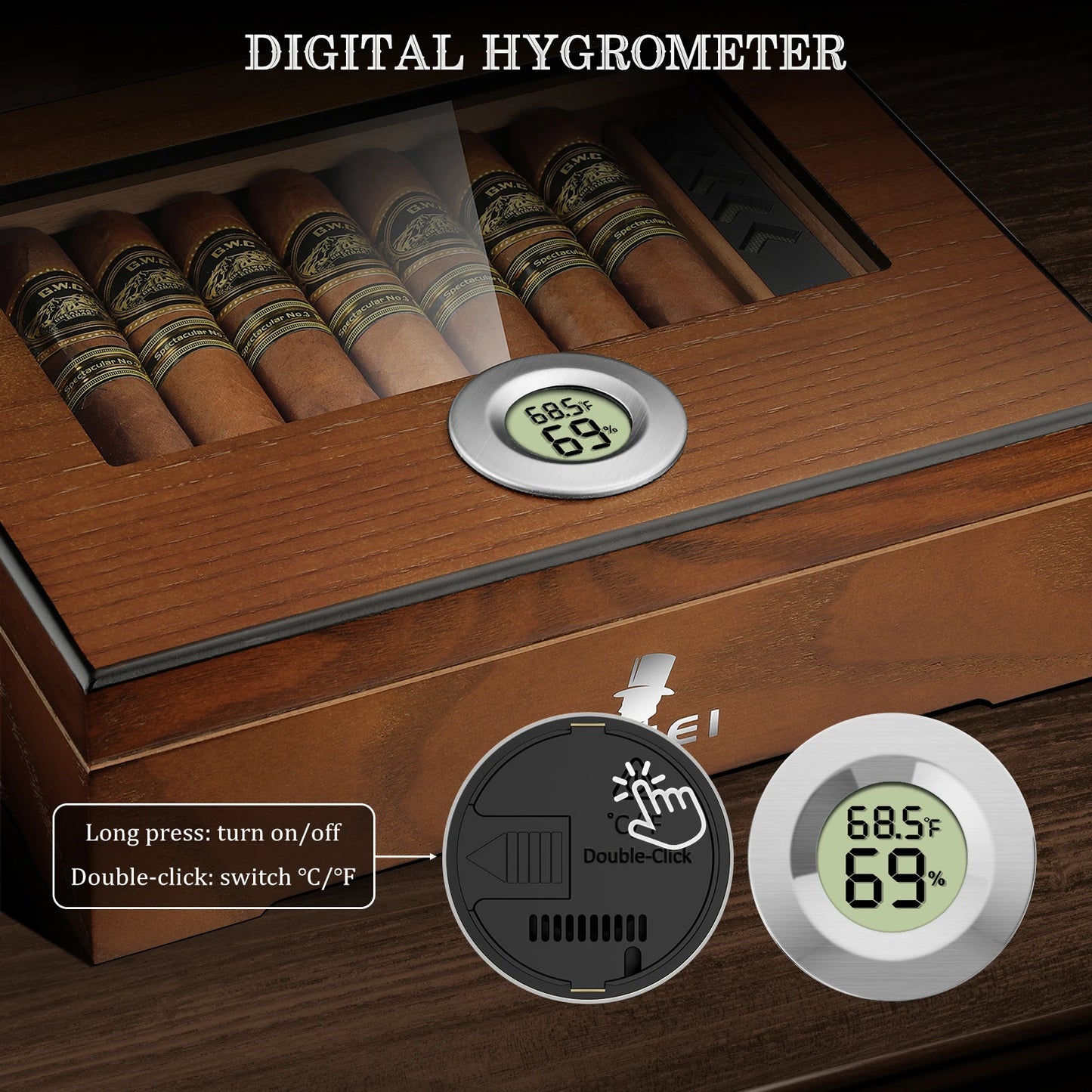 Cedar Wood Desktop Humidors Case with Digital Hygrometer, Humidifier & Divider