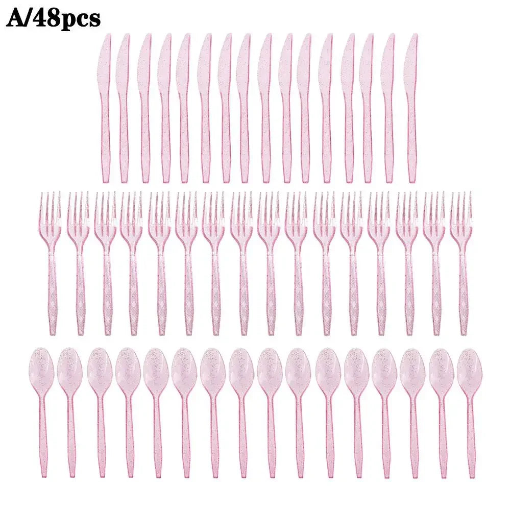 48-Piece Pastel Plastic Cutlery Set - Reusable Spoons, Forks & Knives