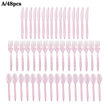 48-Piece Pastel Plastic Cutlery Set - Reusable Spoons, Forks & Knives