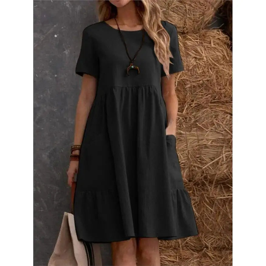 Women's Round Neck 100% Linen Loose Fit Summer Midi Dress with Pockets