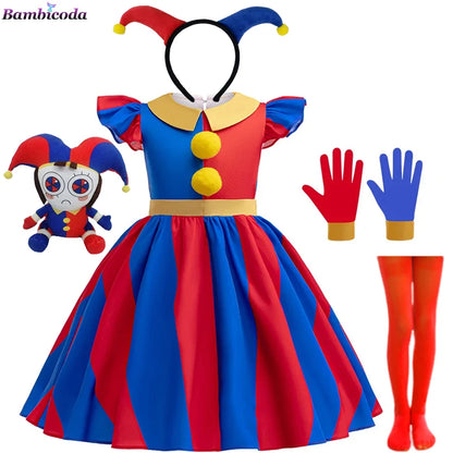 Girls' Digital Circus Pomni Cosplay Costume Set - Red & Blue Clown Dress Outfit for Kids