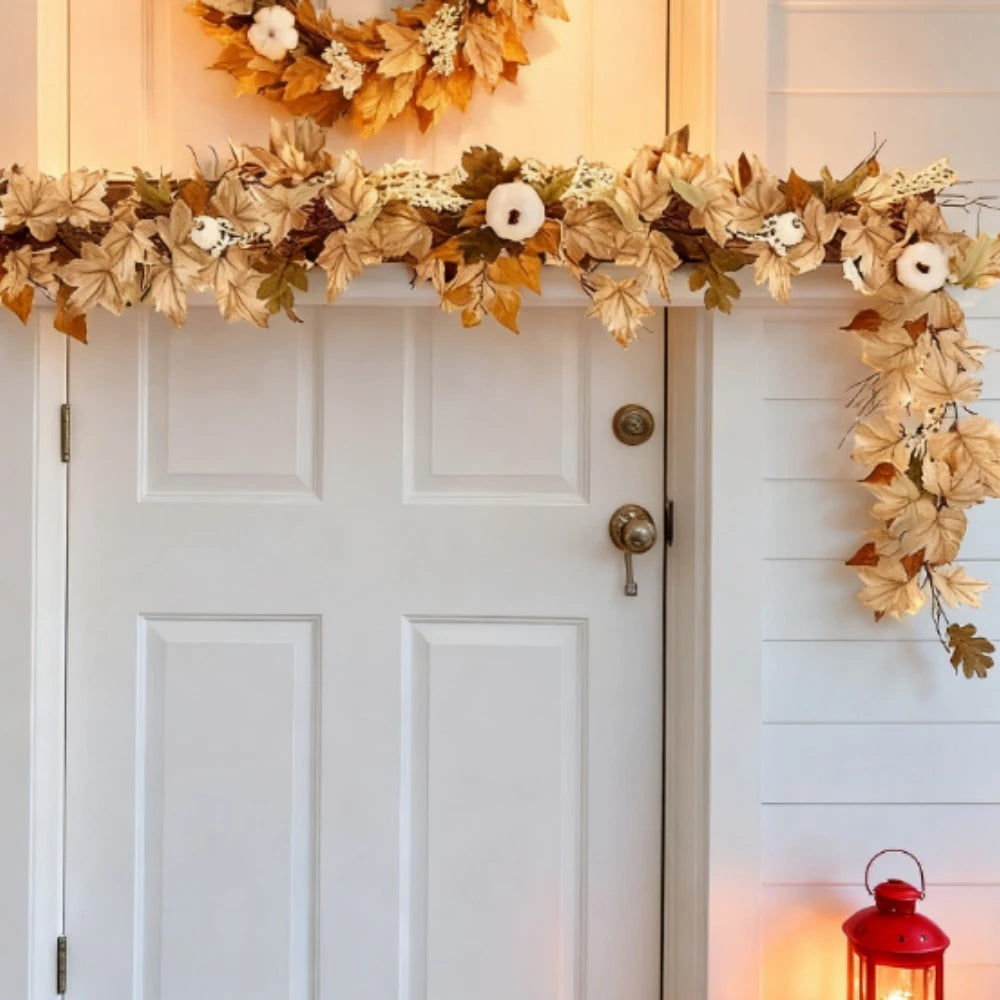 Autumn Maple Leaf & Pumpkin Vine Garland Wreath