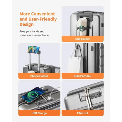 Airline Approved Front Pocket Hardside Travel Suitcase with Cup Holder & Charging Port