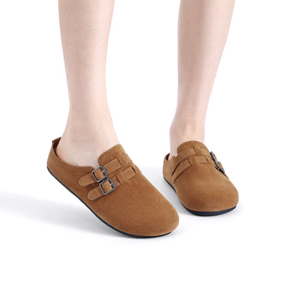 Women’s Suede Cork Footbed Clogs with Adjustable Double Buckle
