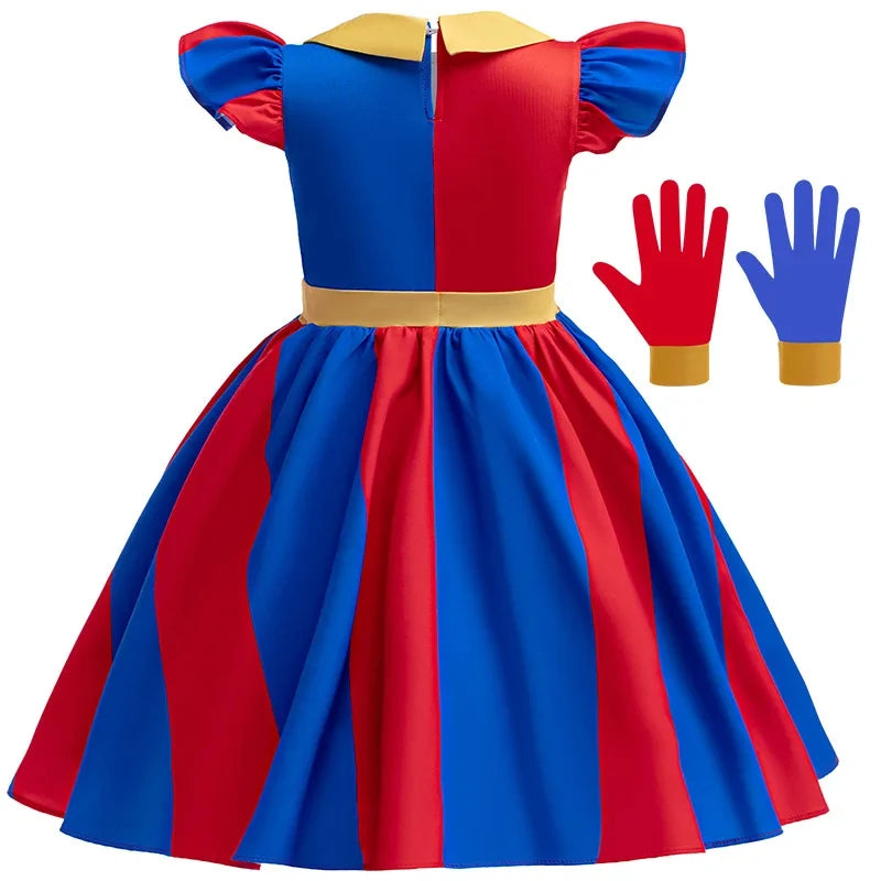 Girls' Digital Circus Pomni Cosplay Costume Set - Red & Blue Clown Dress Outfit for Kids