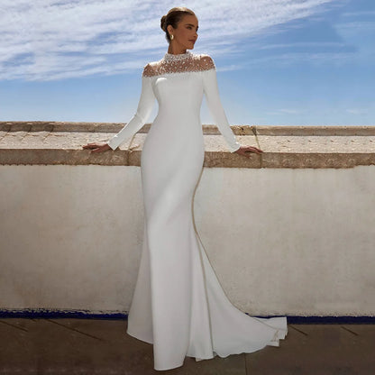 High-Neck Pearl Beaded Mermaid Wedding Dress with Long Sleeves & Sweep Train